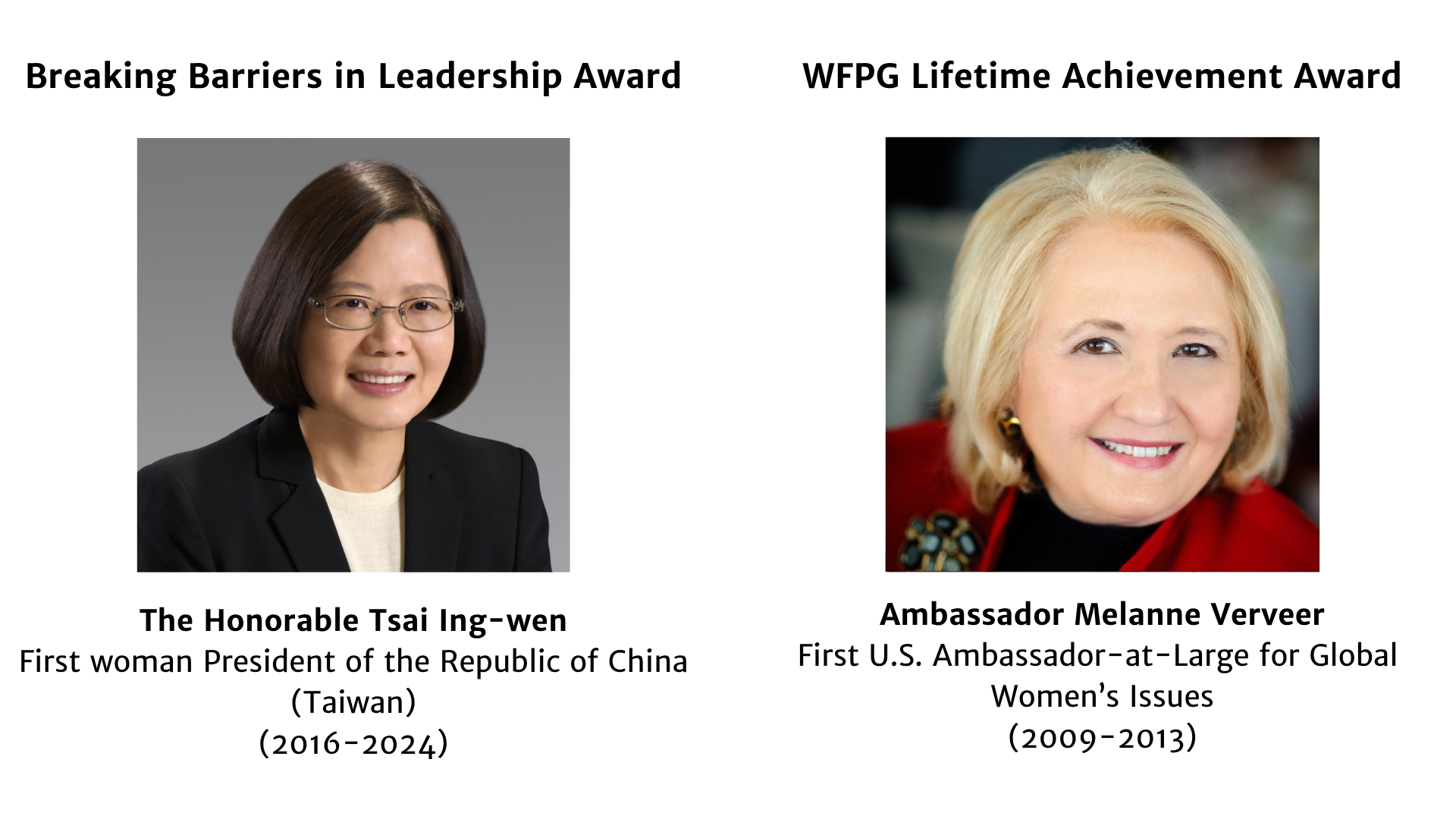 Jeanne Shaheen; Tsai Ing-Wen; Ambassador Melanne Verveer; NATO Tarja Jaakkola; Rina Amiri; Joni Ernst;  